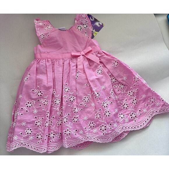 Blueberi Boulevard Baby Girls Floral Eyelet Trim Belted Dress Pink 6-9 Months - Picture 2 of 4
